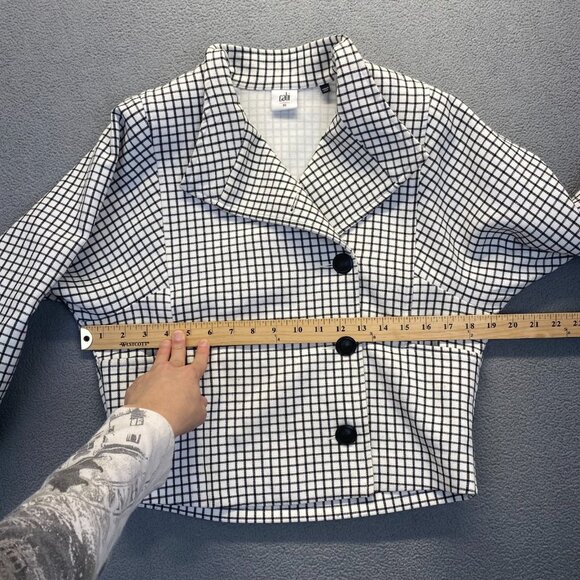 CAbi Black White Windowpane Plaid Knit Jacket Size XS 3173 Asymmetrical Button - Picture 3 of 14